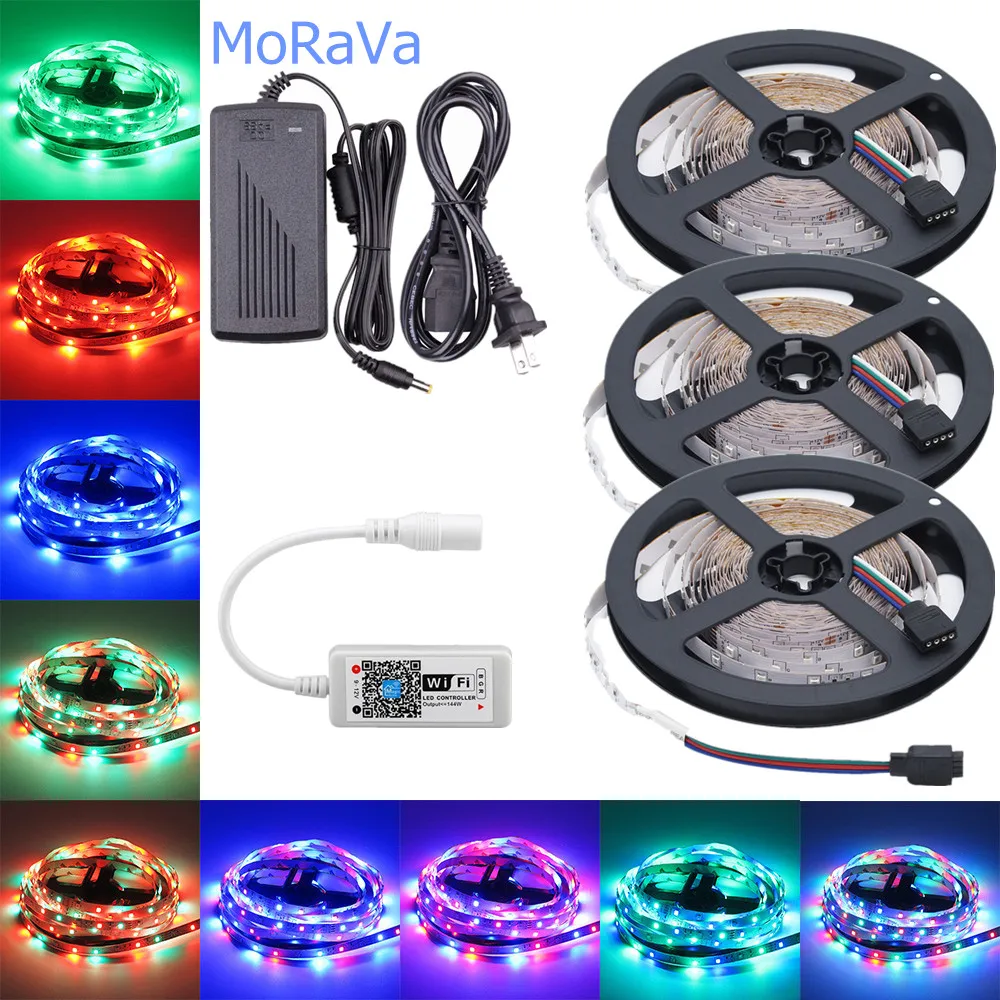 

12V LED Strip Lights WiFi Phone Control Smart RGB Tape Ribbon SMD 2835 5M 10M 15M Kit+WiFi LED Controller+LED Power Adapter