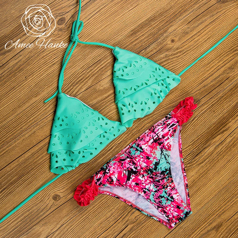 Бикини 2017 Новый Бинты Жабо Bikinis Женщины Купальники Цветочный Принт Сексуальный