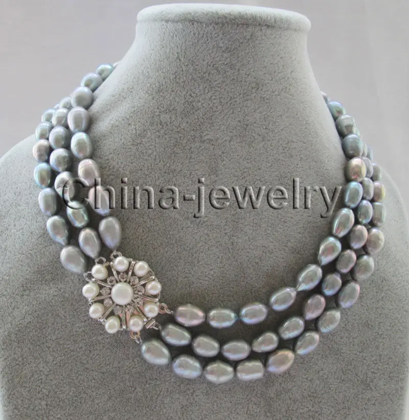 

FREE SHIPPING HOT sell new Style >>>> 17-19" 3row 10-12mm gray rice shape freshwater pearl necklace - white pearl clas