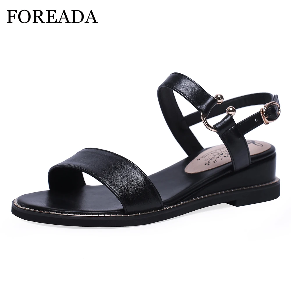 

FOREADA Cow Leather Summer Sandals Women Shoes Buckle Wedge Heels Shoes Natural Genuine Leather Casual Sandals Lady Plus Size 43