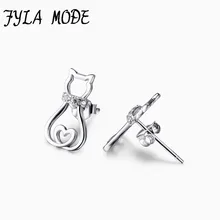 Hot Sale 925 Sterling Silver Hollow Heart Cat Earrings Animal Stud Earrings Fine 925 Pure Silver Jewelry Brincos For Women