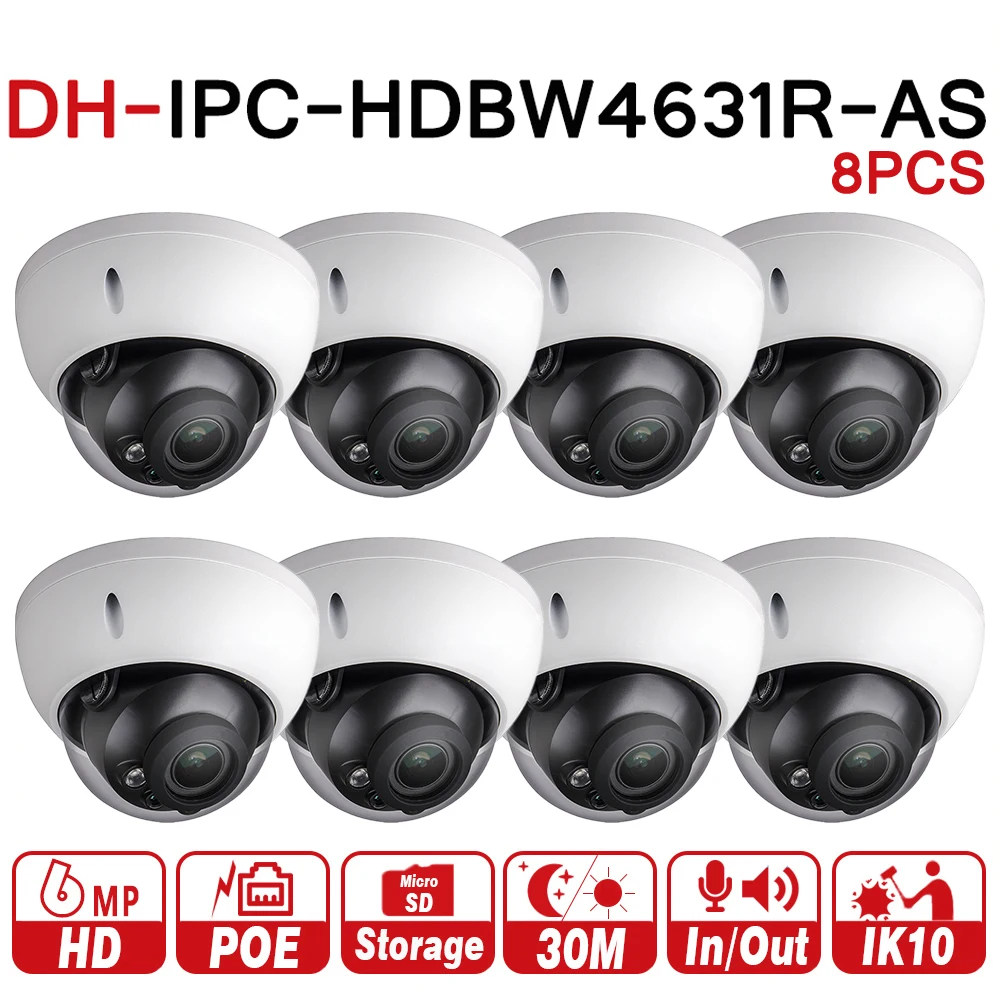 DH 6MP Камера IPC-HDBW4631R-AS обновления от IPC-HDBW4431R-AS IK10 IP67 аудио и сигнализации Порты и разъёмы PoE Камера со слотом для карты памяти SD 8 шт./лот