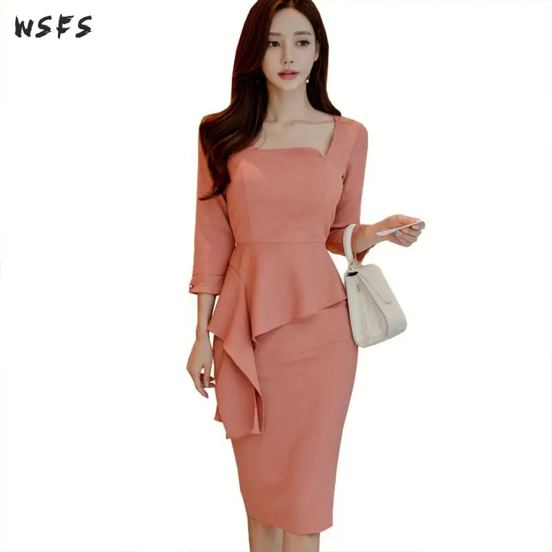 

Summer Pink Dresses Sexy Party Vintage Ruffles Dress Womens Bandage Bodycon Elegant Office Midi Pencil Wrap Asymmetrical Dress