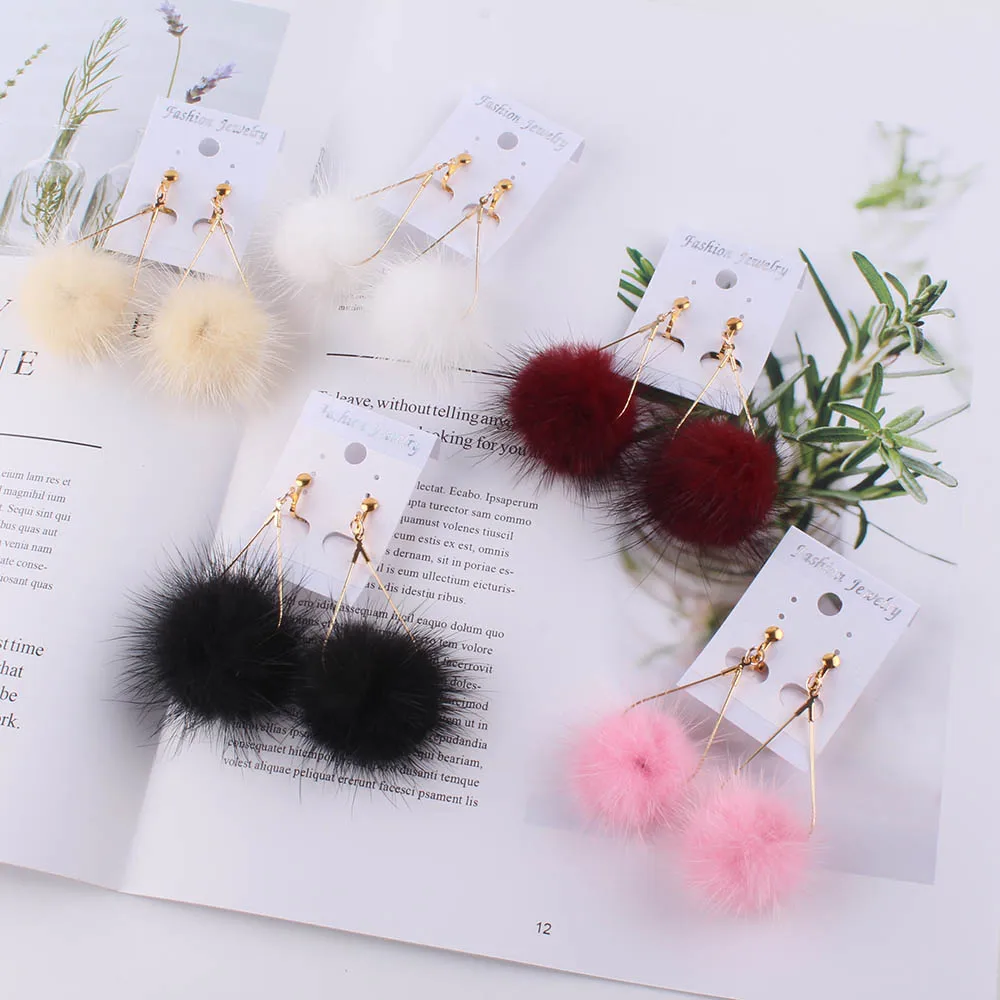 Rabbit Fur Ball PomPom Long wedding clip on earrings for Women Unique Soft Pom Pom Ear Earring Jewelry Cute Christmas Gift