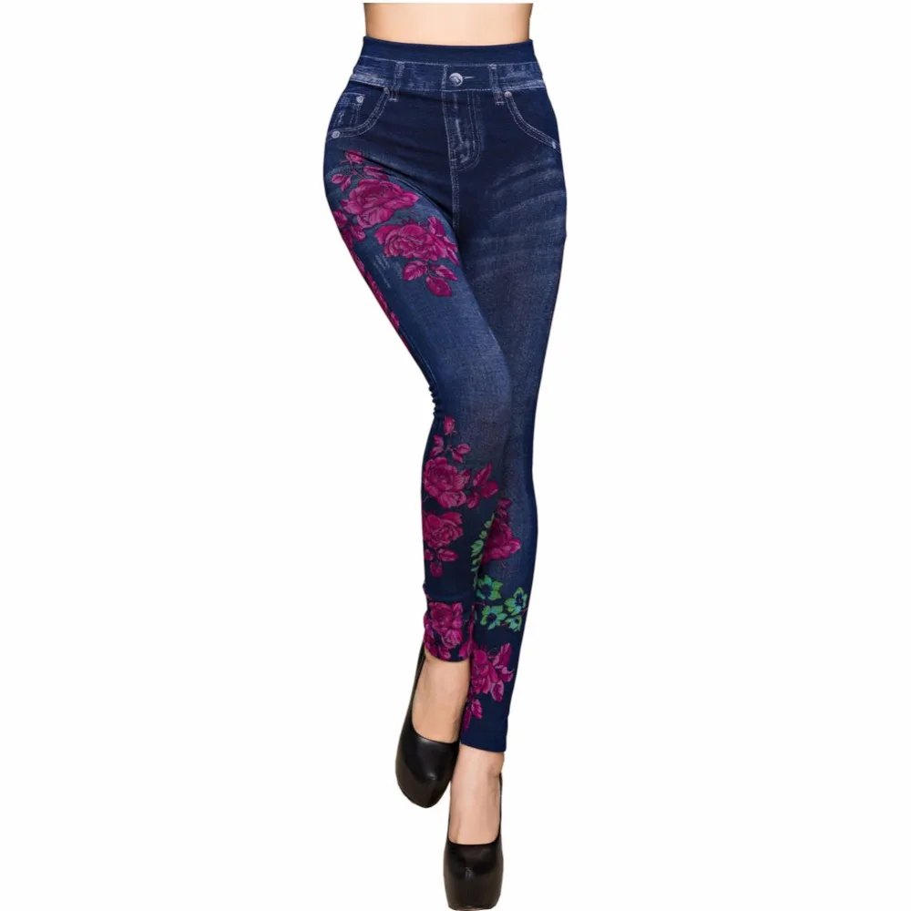 Модные облегающие Женские весенне-летние леггинсы из искусственной лосины из джинсовой ткани, Длинные повседневные узкие брюки с цветочным принтом, тонкая флисовая подкладка