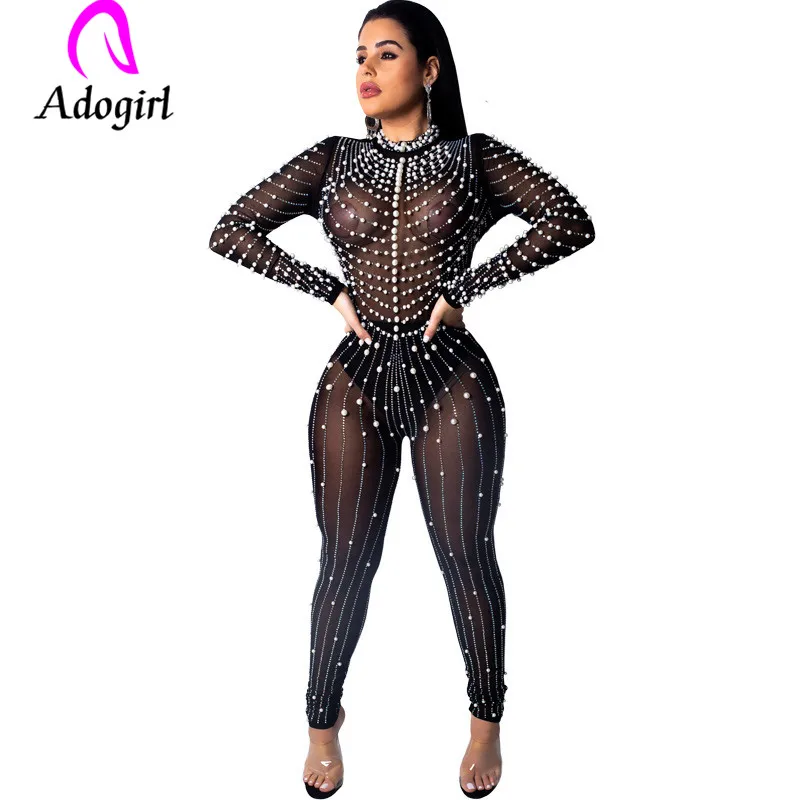 

Adogirl beaded hot drilled sexy jumpsuits long sleeve night club transparent jumpsuits high waist women one piece suits