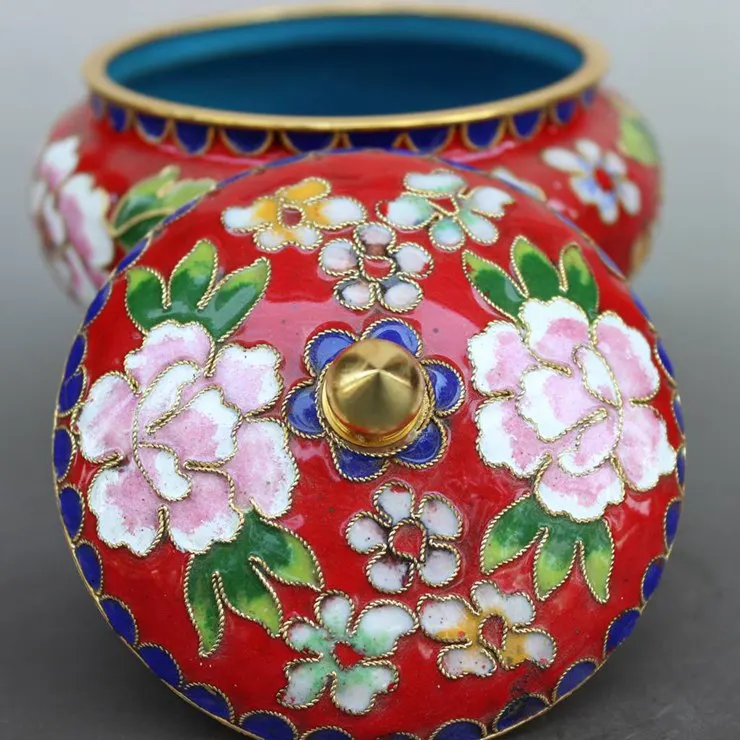Эмаль Cloisonne Филигранное ремесло чайная канистра емкость для хранения красные украшения