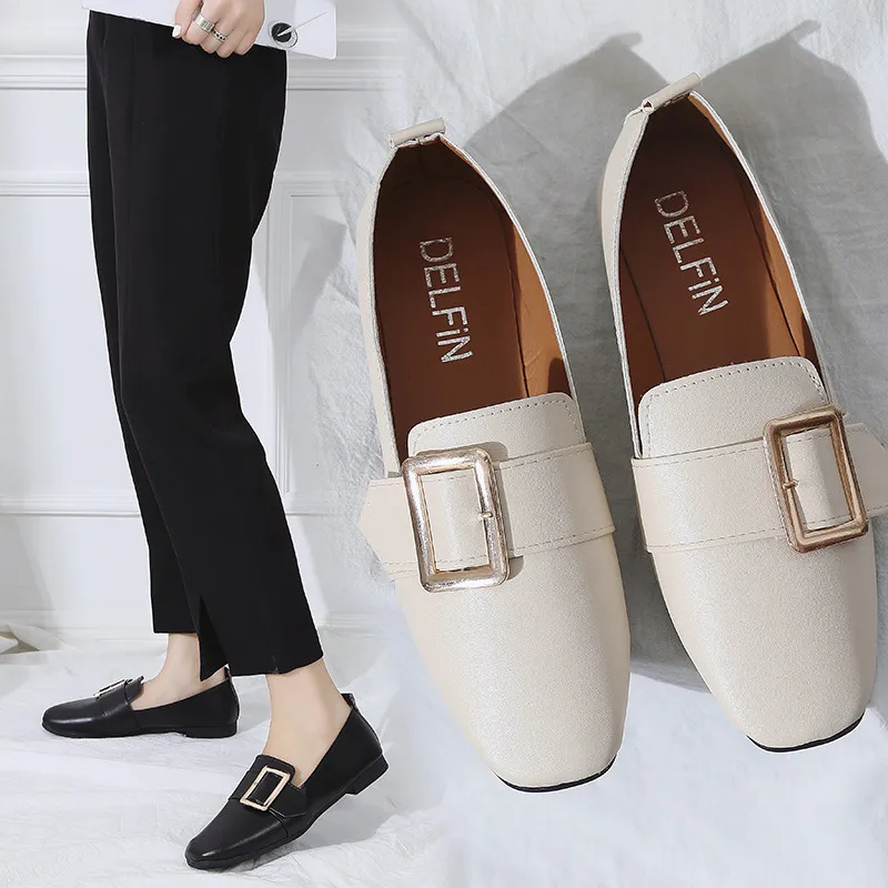 

2019 New Fashion Women Leisure Solid Flats Fashion High Quality Square Toe Sleeve Flat Slip On Woman Girl Metal Decoration Shoes