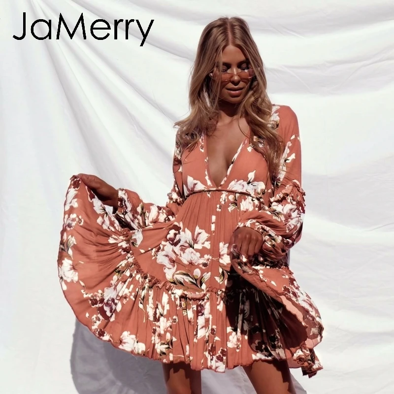 JaMerry Винтаж boho сексуальное летнее Мини Короткое платье для женщин рукав в виде