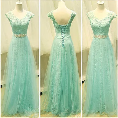 Mint Green Prom Dresses 2015 V Neckline Beaded Lace Appliques Prom ...