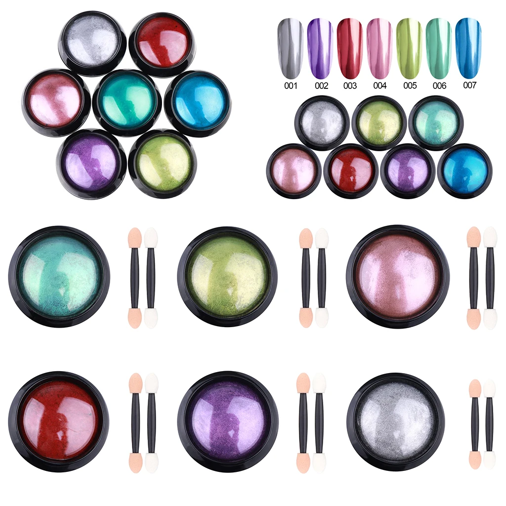 

7 Boxes Pearl Powder Nail Mirror Effect Rainbow Nails Art Glitter Chrome Metallic Manicure Pigment with 14 Brushes
