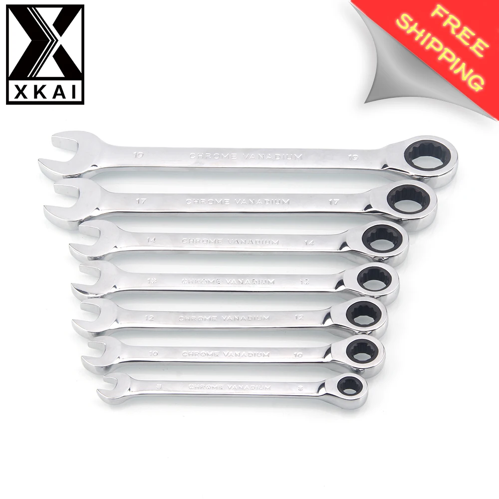 

XKAI 8.10.12.13.14.17.19mm 7PC Ratchet Spanner Combination wrench a set of keys gear ring wrench ratchet handle Chrome Vanadium