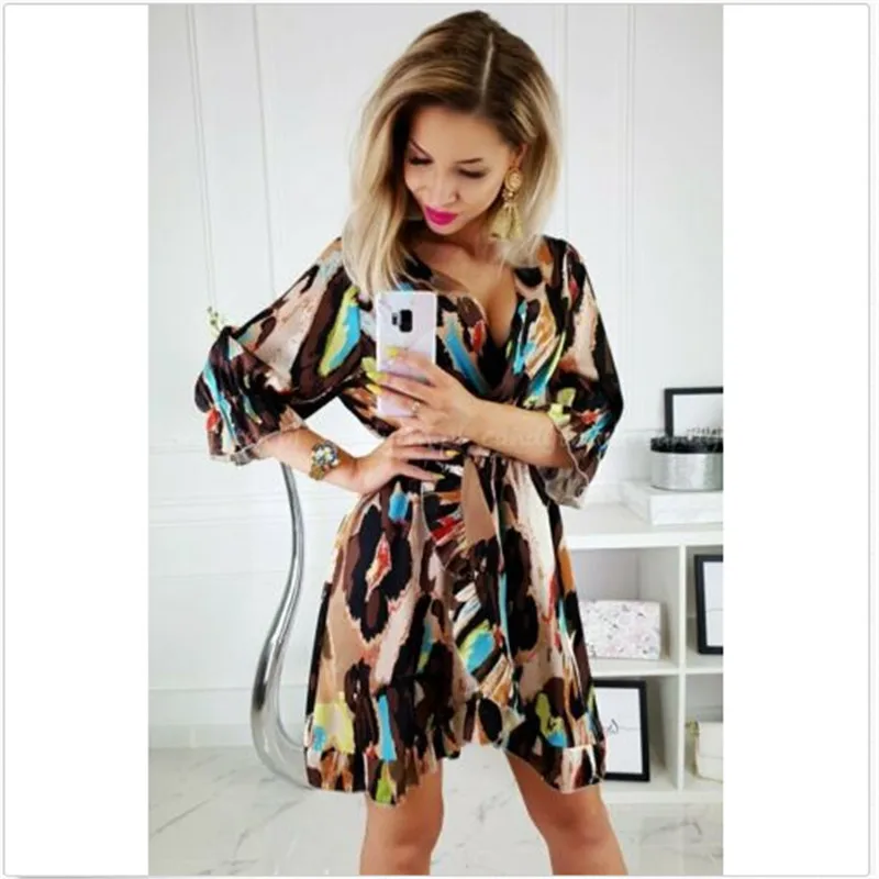 

Summer Dress Womens Summer Split Mini Dress V-neck Long Sleeve Wrap Casual Kaftan Dresses Fashion New Boho Style Women Dress