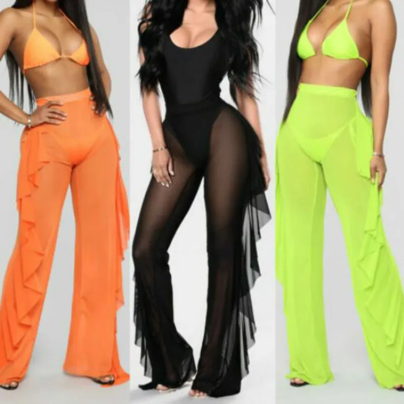 

BKLD Sexy Summer Women Ruffles Pants Fashion Neon Green Orange Trousers Sexy Sheer High Waist Transparent See Through Mesh Pants
