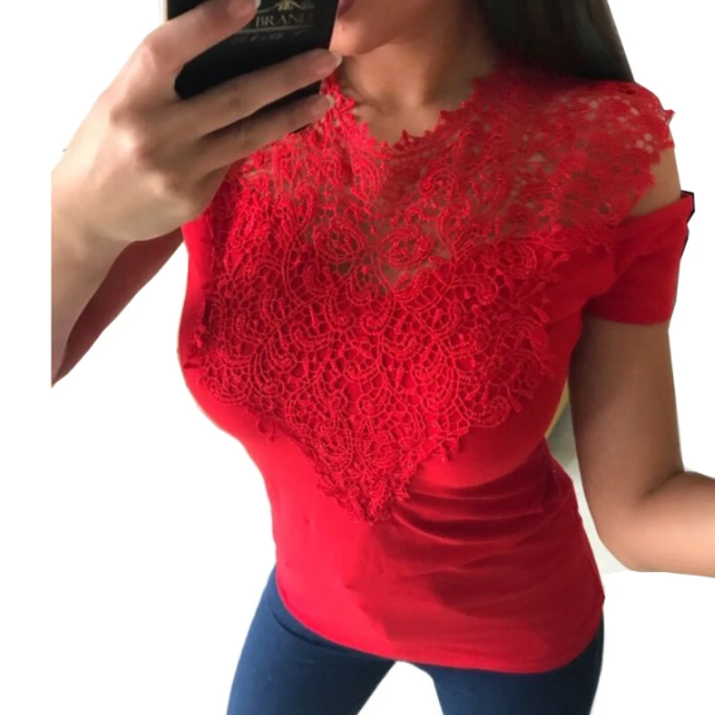 

Womens Sexy Lace Patch Slim T-Shirt Cold Shoulder Tee Shirt Ladies Short Sleeve Tops Hot Summer Hollow Out Shits