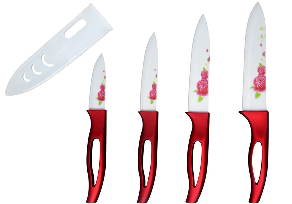 

XYJ ceramic knife set 6" chef 5" slicing 4" utility 3" paring knife red flower printing kitchen knives cooking tools set knives.