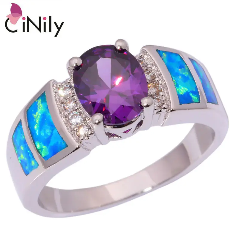 

CiNily Vintage Blue Fire Opal Silver Plated Filled Rings Purple CZ Gem Clear Crystal Stone Lavish Large Party Jewelry Women Men