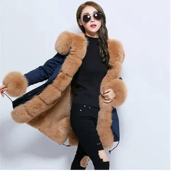 

Korean Hot New Long Fur Coat Navy Blue Parka Winter Jacket Women Outwear Thick Natural Real Fox Fur Collar Hooded Coat Pelliccia
