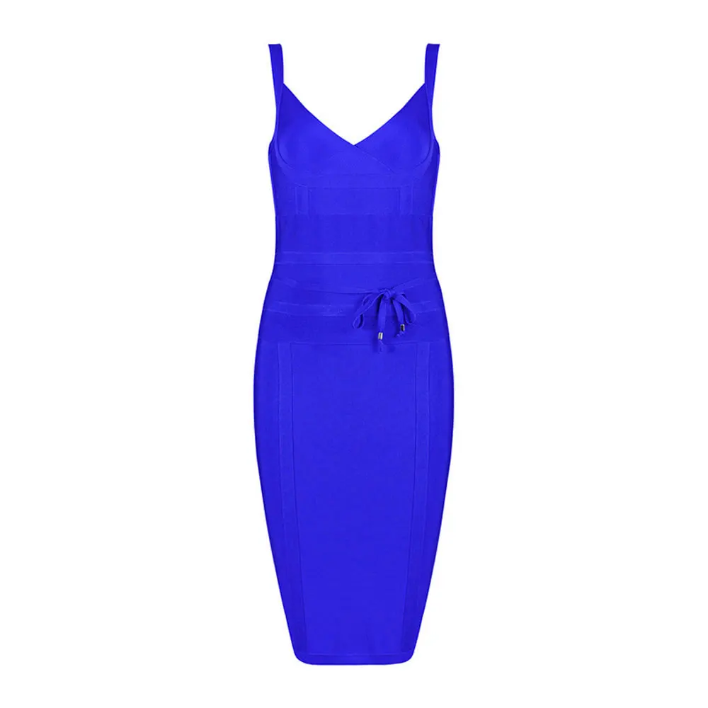 

Strap Knee Length Blue Belt V neck 2018 Women's Newest Arrival Party Sexy Bandage Dress