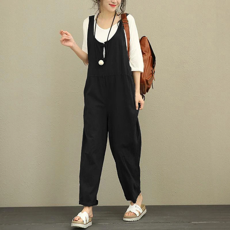 Celmia Women Jumpsuit 2018 Summer Autumn Casual Bottom Sleeveless Backless Rompers Solid Loose Linen Playsuit Plus Size Overalls Jumpsuits and Playsuits