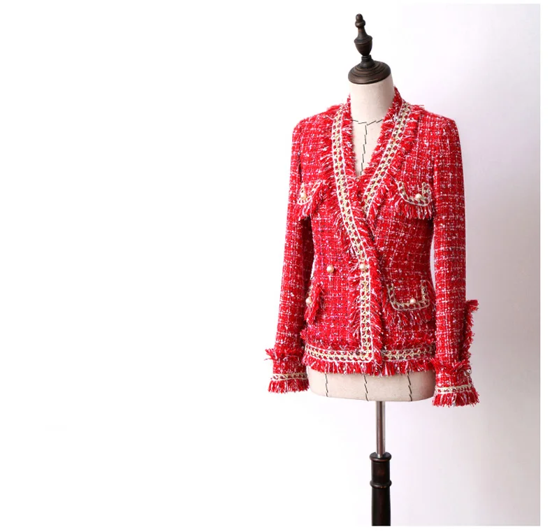 Высококачественная Новинка, осенне-зимняя шерстяная куртка, женская красная твидовая куртка, элегантное шерстяное пальто с v-образным вырезом и кисточками - Цвет: Red