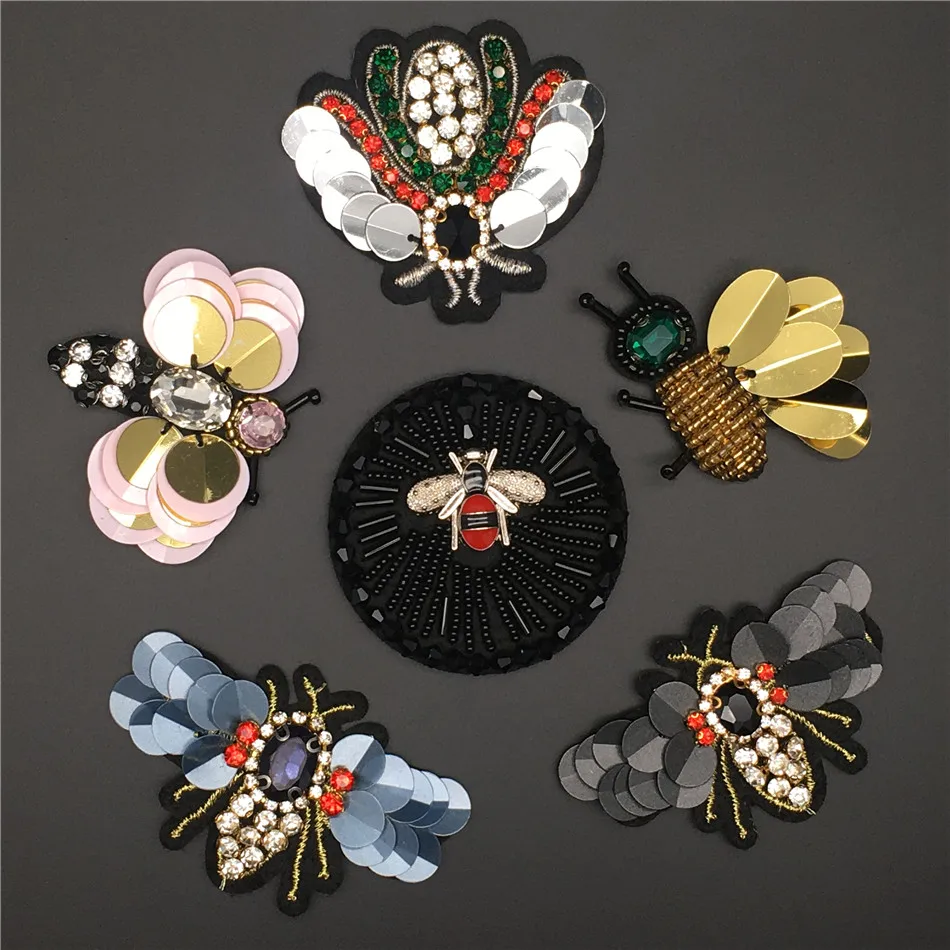 

Handmade Rhinestone beaded&sequin Patches, BEES COOL FASHION Sew on Crystal pearl patch for clothes beaded Applique cute patch