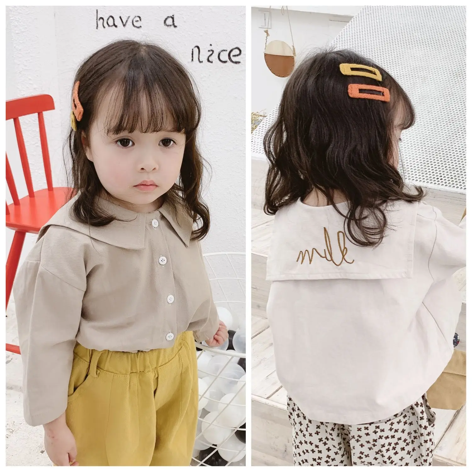 

Baby girls cotton letters embroidery fashion sailor collar shirts 2019 Korean style long sleeve casual blouses 1-5Y