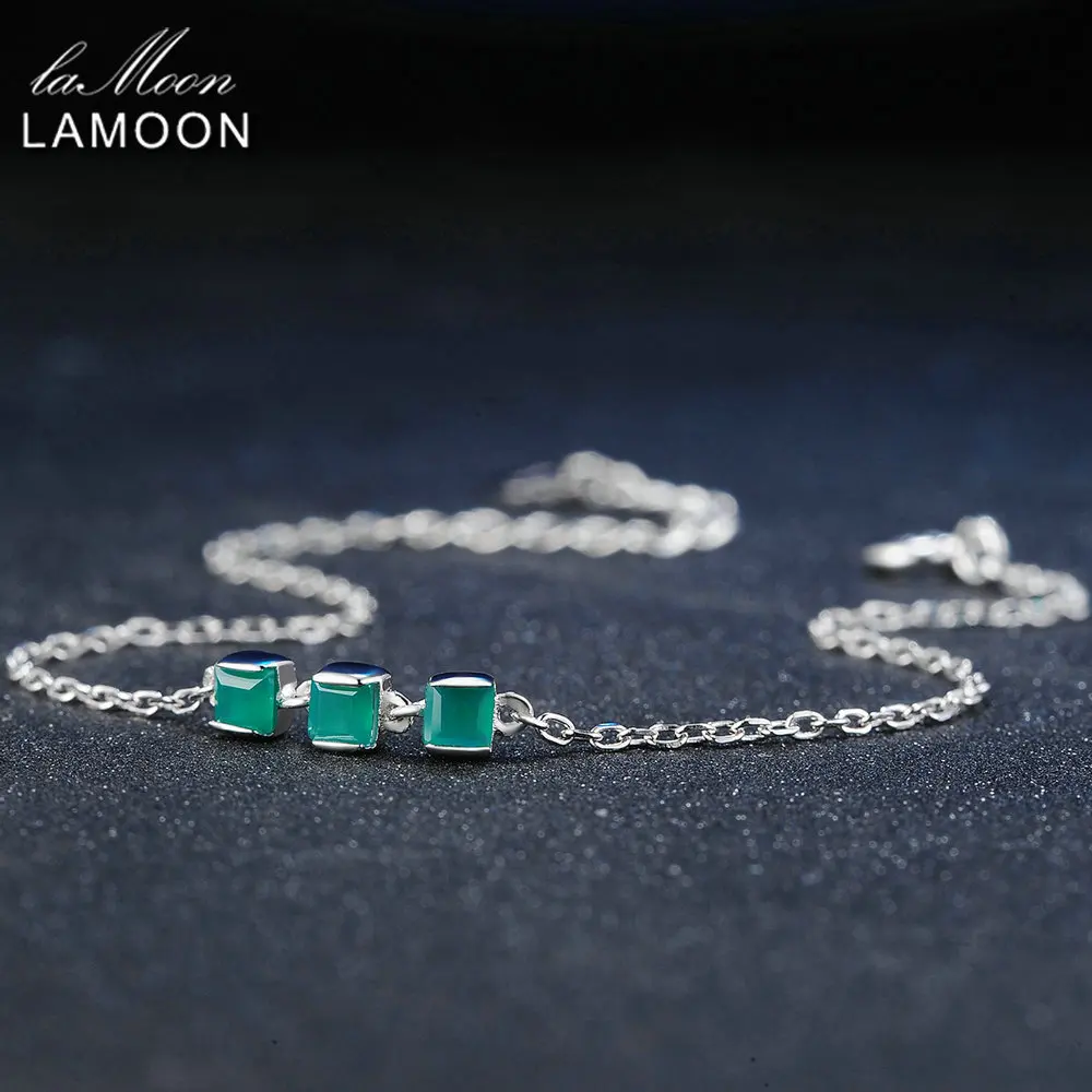 Lamoon 2mm 100% Natural Square Green Chalcedony 925 Sterling Silver Bracelet Chain Charm Jewelry S925 LMHI017