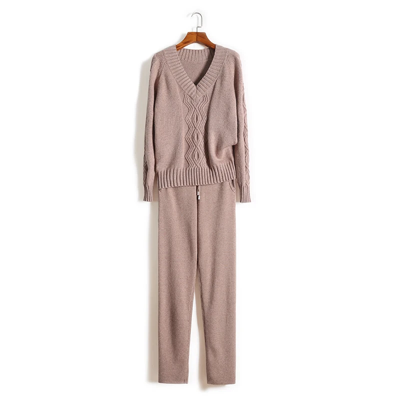 

2019 Full Limited Fiber Wool Cashmere Knit Suit Two-piece New Fashion V-neck Loose Sweater Trousers Two Piece Outfits