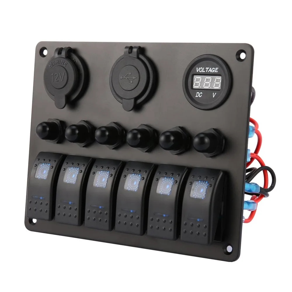 

6 Gang Car Marine Boat LED Switch Panel Waterproof Rocker Switch Control with Digital Voltmeter Dual USB Charger