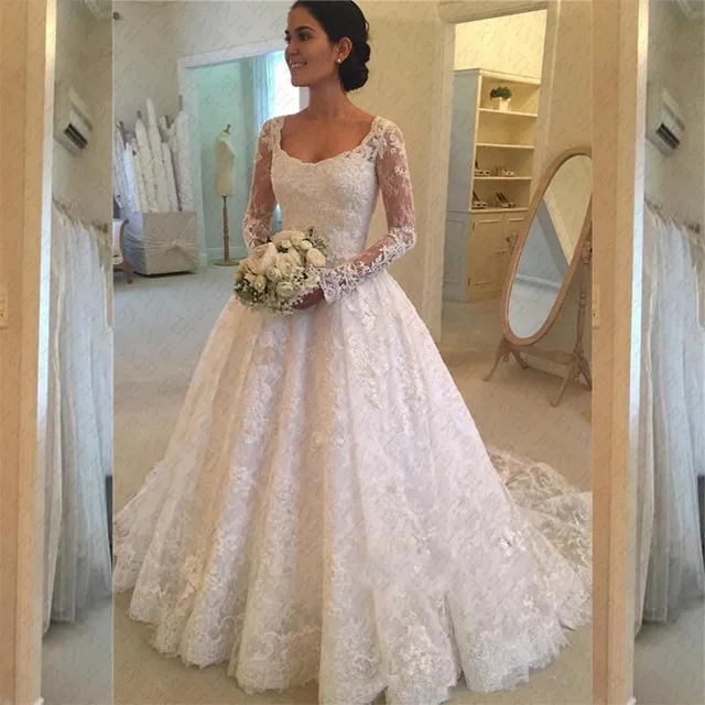 vestido de novia cheap long sleeve lace ball gown wedding dress 2018