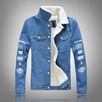 

New Men Winter Deinim Jaket Light Blue Man's Thick Denim Coat Slim male Lamb velvet denim clothes