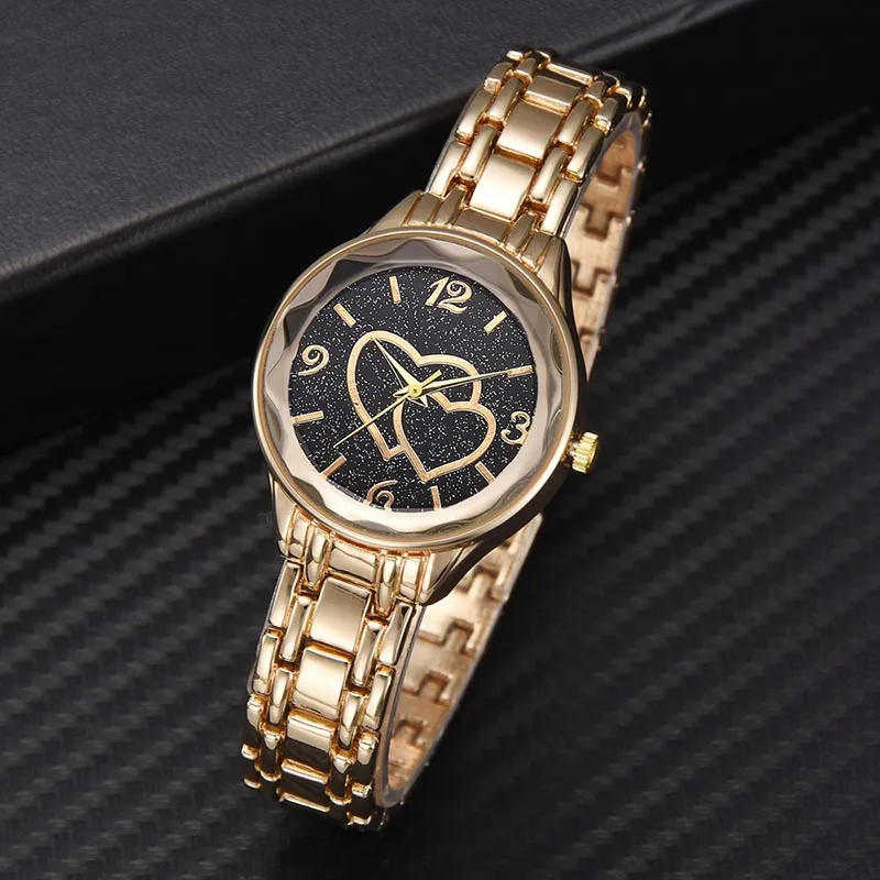 

Women Quartz Watch Starry Sky Love Heart Dial Masonry with Metal Band M8694