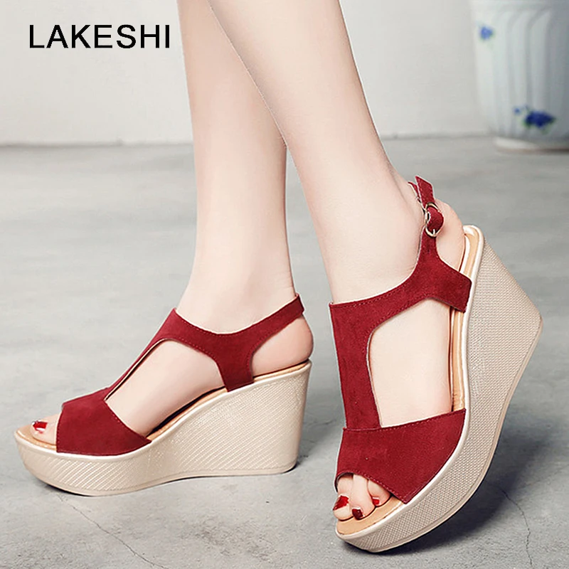 

LAKESHI Casual Women Sandals Creepers Wedge Sandals Flat Platform Shoes Summer Women Shoes Suede Peep Toe Ladies Sandals 2018