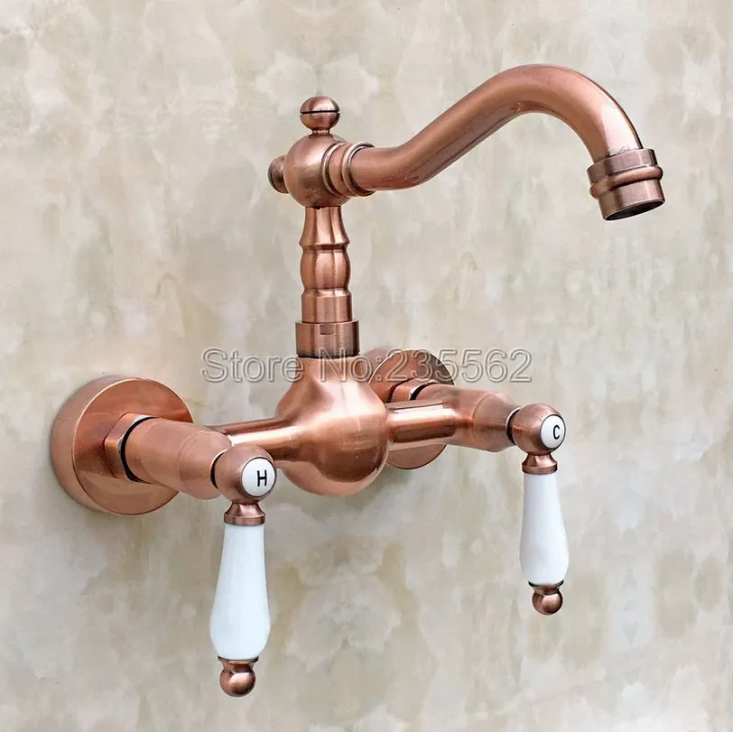 Wall Mounted Bathroom Faucet Antique Red Copper Finish Dual Wall Mounted Bathroom Faucet Antique