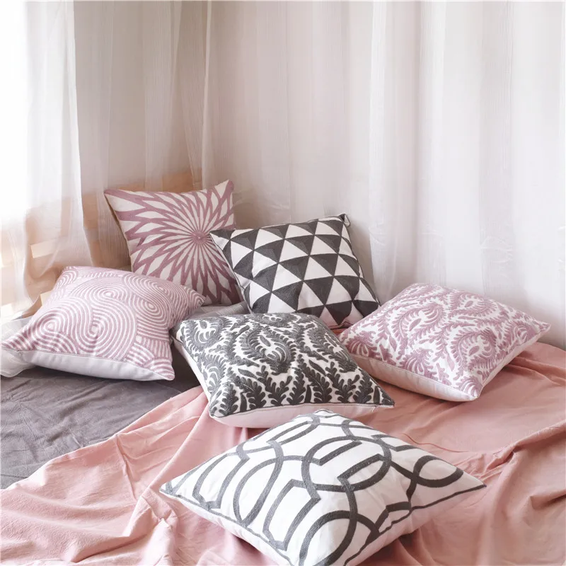 

Pink Cotton Canvas Embroidery Pillow Cover Cushion Cover Home Decor Cushion Geometric Decorative Pillow Case For Sofa