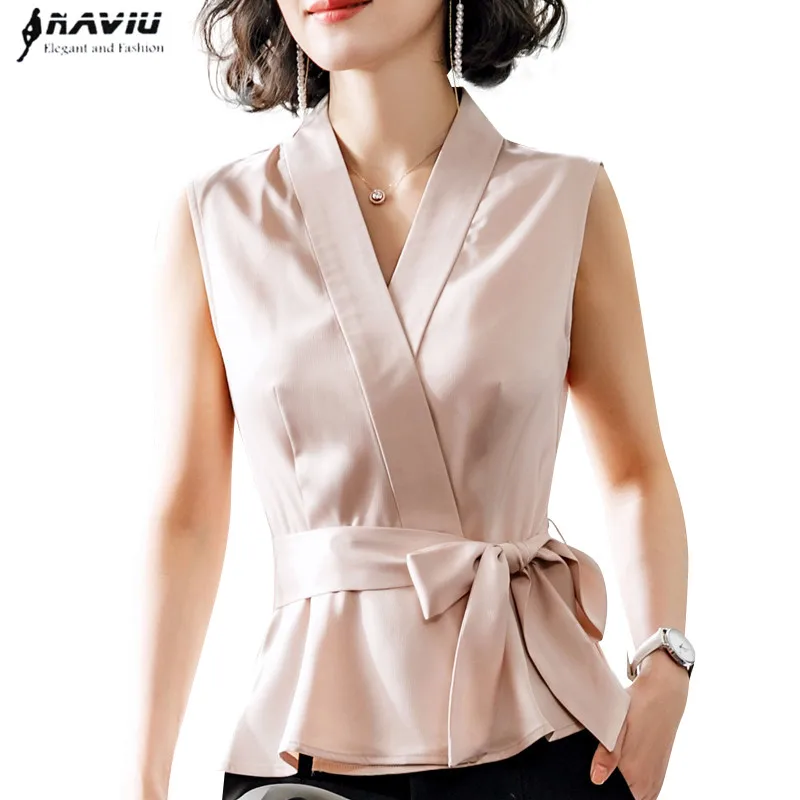 

NAVIU Fashion elegant Vest women 2019 Summer New slim V Neck Bow lacing tops office ladies Temperament Vests coat