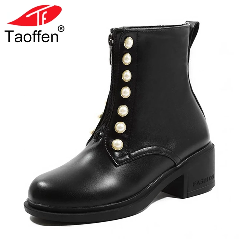

Taoffen Fashion Women Ankle Boots Zipper Beading Winter Shoes Women Round Toe Warm Fur High Heels Boots Sexy Shoes Size 34-43