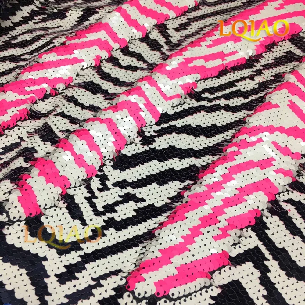 Zebra White Neon Pink Reversible Sequin Fabric 03