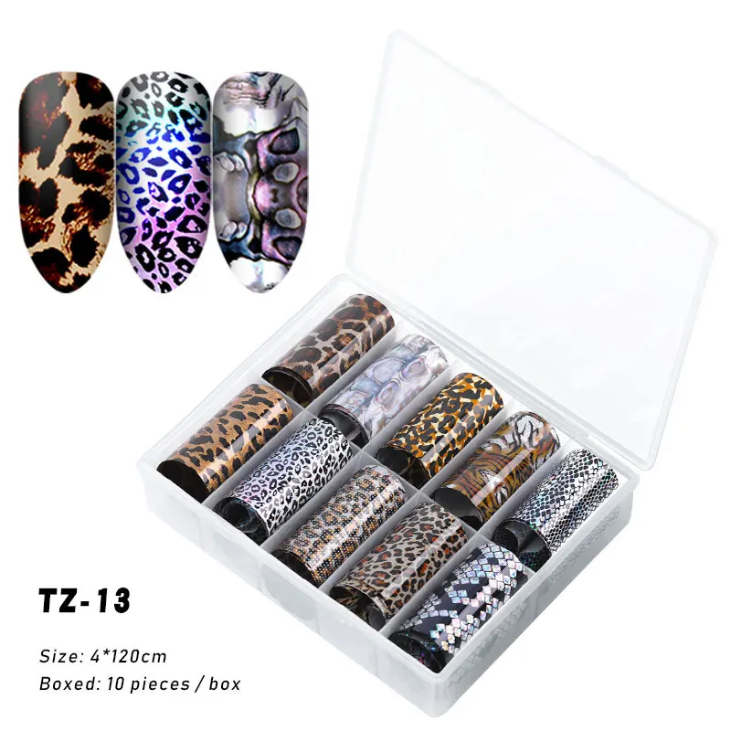 FlorVida 10pcs/set 4*120cm Nail Foil Stickers Leopard Pattern Decal Design for Nails Salon Wholesale Nail Art Foil Decoration