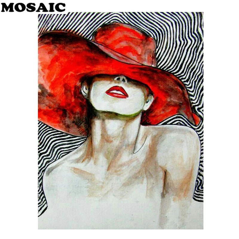 

5D Diy Diamond Painting sexy woman red lips red hat diamond Mosaic Pictures Of Rhinestones Diamond Embroidery Sticker Home Decor