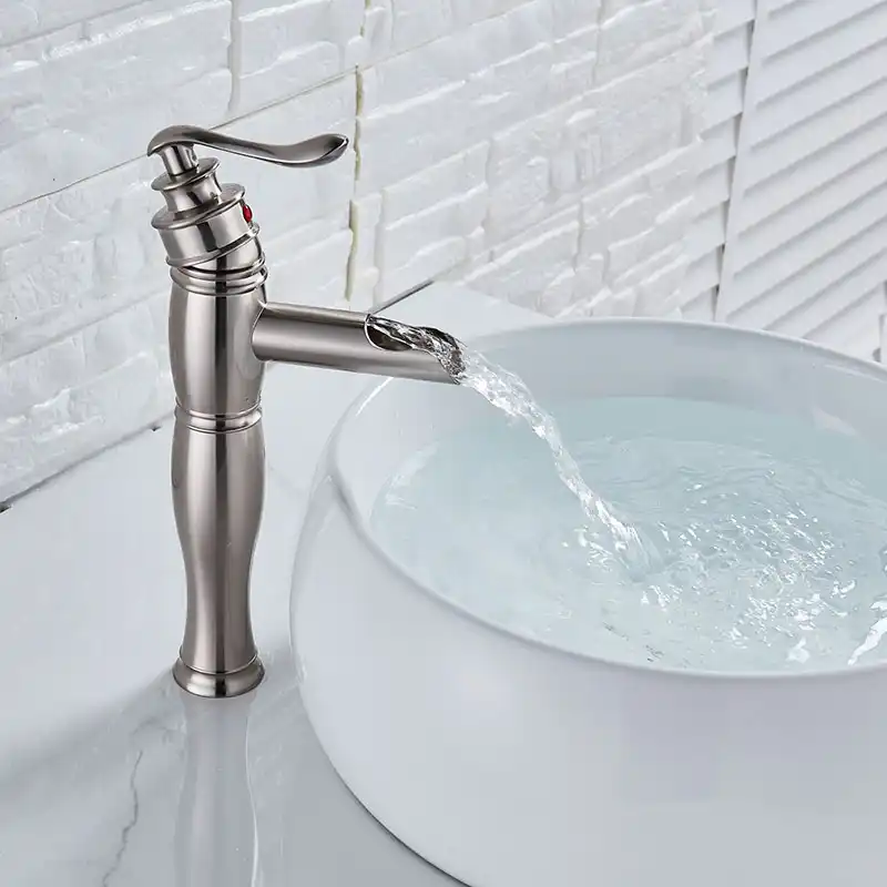 Deck Mounted Bathroom Waterfall Basin Sink Faucet Brushed Nickel