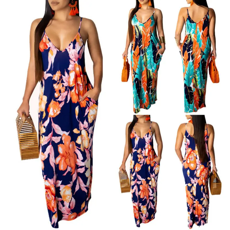2019 Newest Hot Women's Summer Boho Floral Long Maxi Evening Party Beach Dress Floral Sleeveless V Neck Sundress