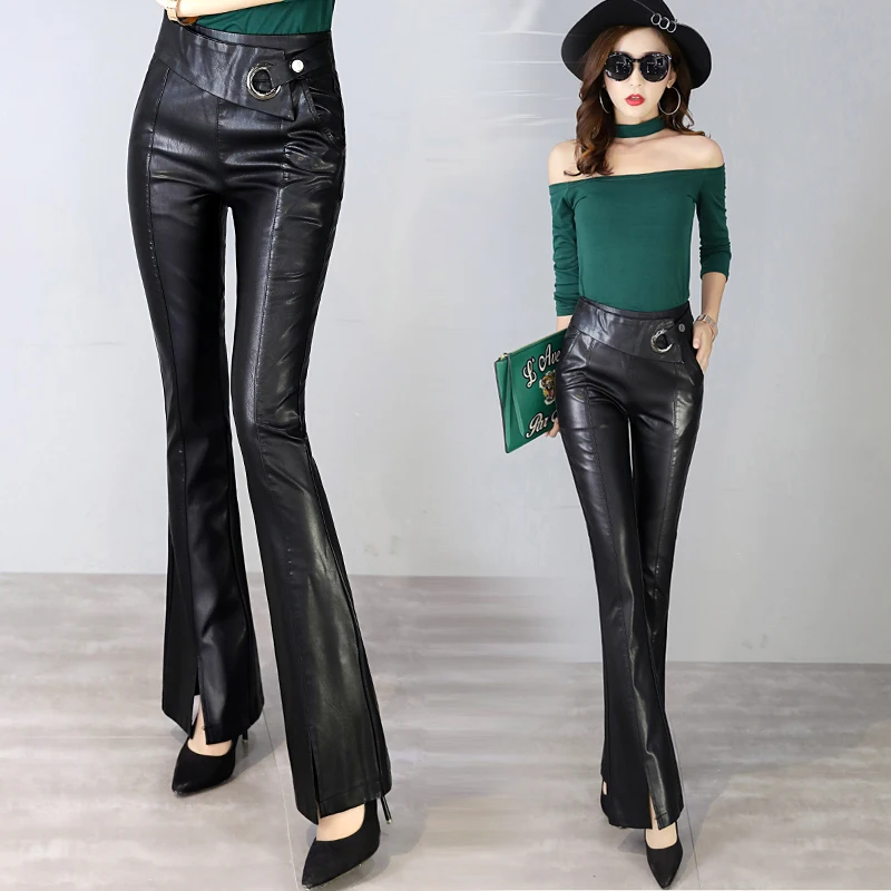 S 2XL 2019 New autumn women high waist Leather pants black PU leather