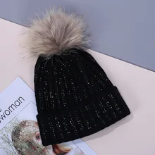 Шапка для девочек, женская вязаная шапка, украшенная бриллиантами, женская шапка из искусственного меха, зимняя теплая вязаная шапка с помпоном