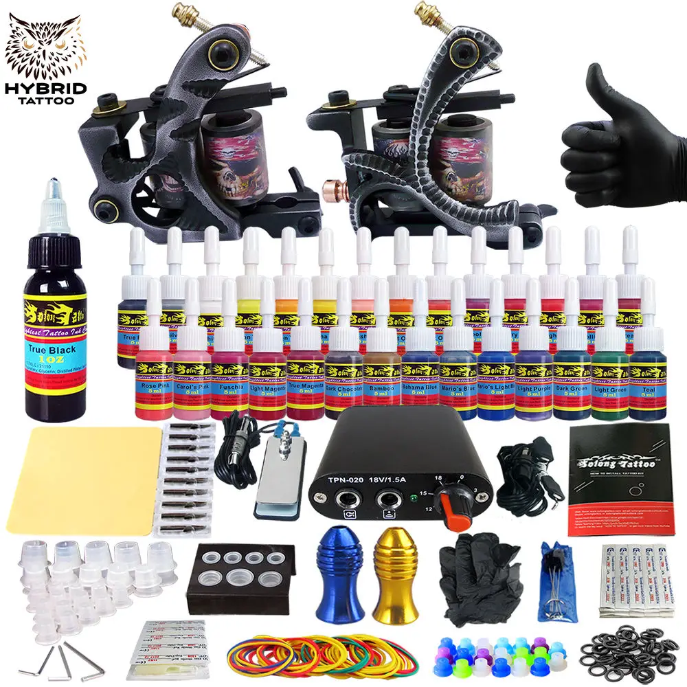 

Hybrid Complete Kit For Tattoo Liner and Shader Beginner Power Supply Foot Pedal Grips Needles Ink Set Tattoo Body&Art TK204-2