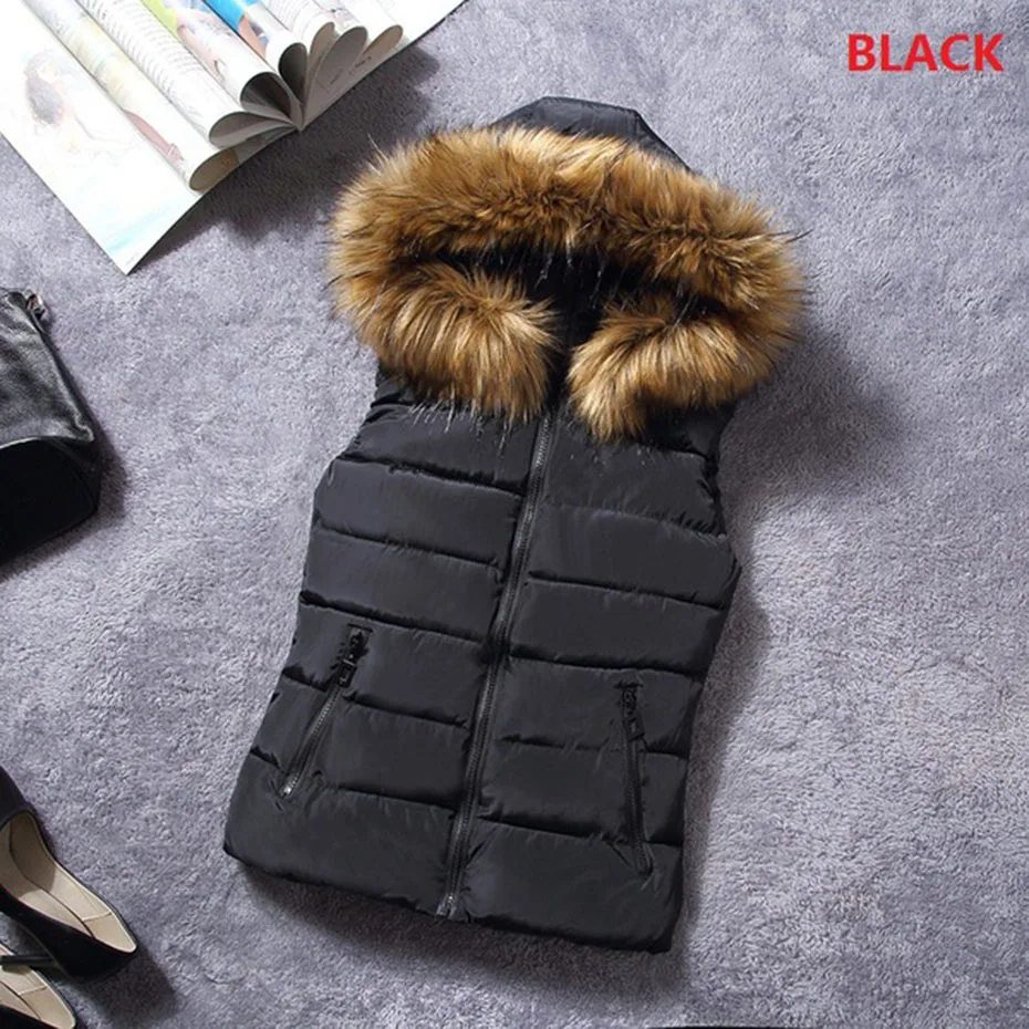 

2018 Winter New Arrival Cotton-Padded Vest Sleeveless Fur Collar Hooded Winter Coat Outwear Vest