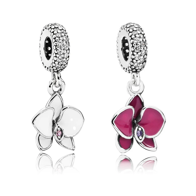 

Authentic 925 Sterling Silver Bead Orchid Dangle With Clear CZ Charm Fit Original Women Pandora Bracelet Bangle Gift Diy Jewelry