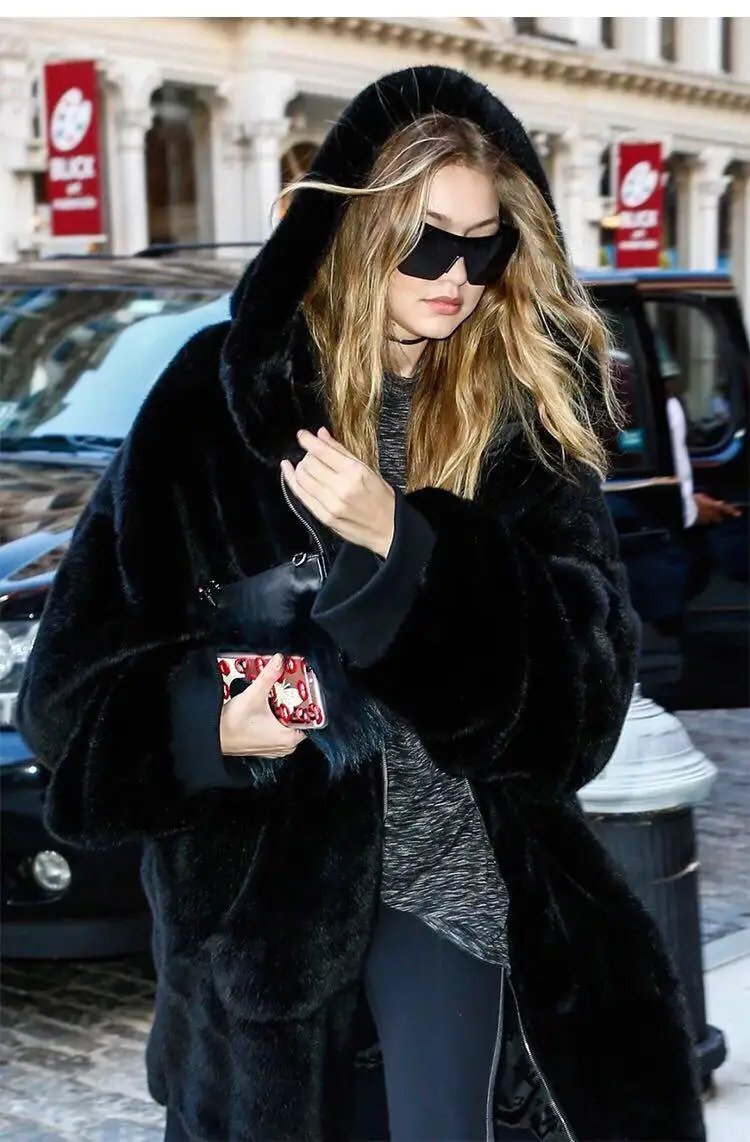 Зимнее женское пальто из искусственного меха, длинная теплая куртка из искусственного меха, повседневное пальто с капюшоном, Свободное пальто с карманами, верхняя одежда, casaco feminino