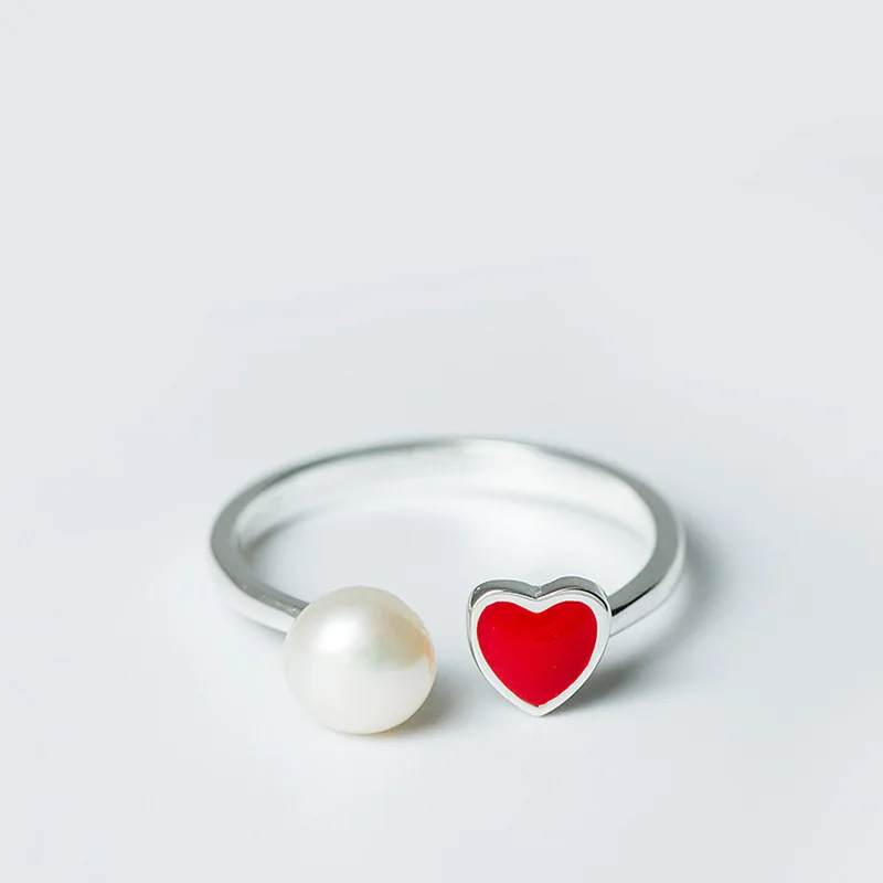 red heart pearl open ring 100% Sterling 925 silver Jewelry Vintage Adjustable rings for women girl gift free size